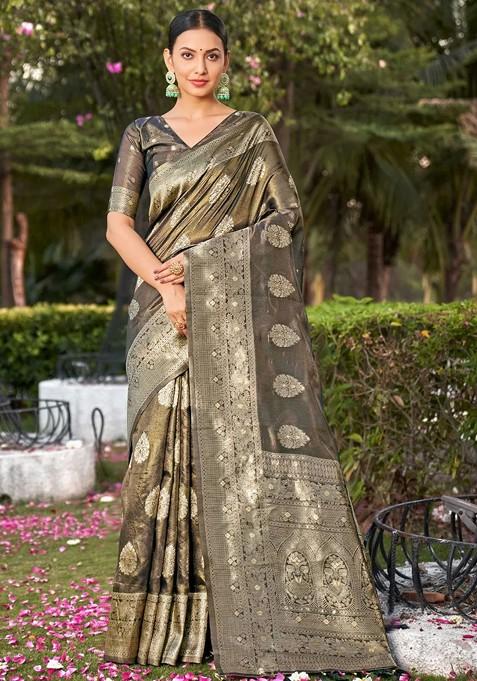 Grey Zari Woven Art Silk Saree Set