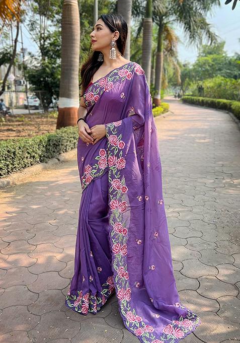 Purple Resham Embroidered Organza Saree Set