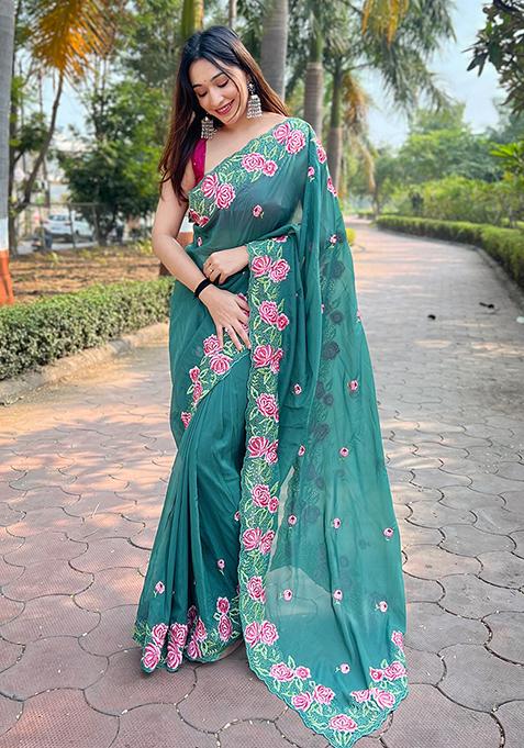 Sea Green Resham Embroidered Organza Saree Set