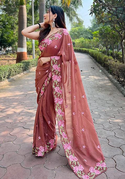 Brown Resham Embroidered Organza Saree Set