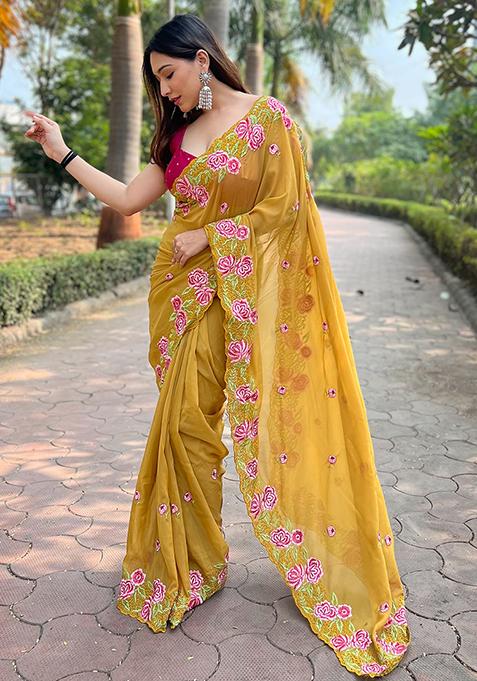 Mustard Resham Embroidered Organza Saree Set