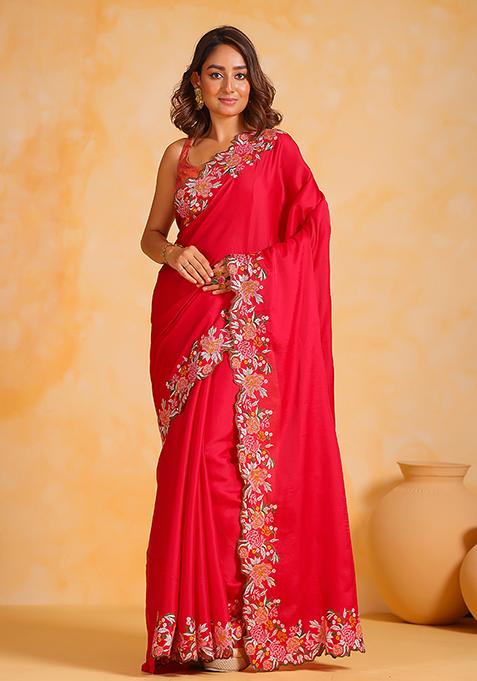 Red Resham Embroidered Silk Saree Set