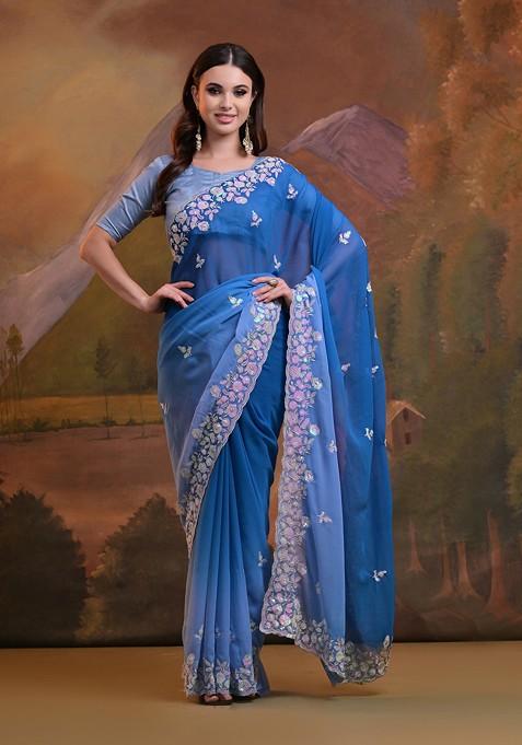 Blue Sequin Embroidered Georgette Saree Set