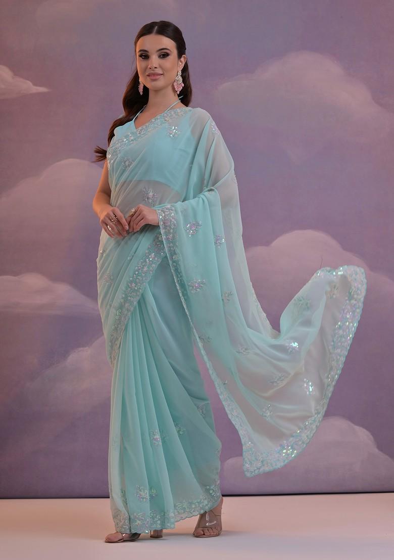 Blue Sequin Embroidered Georgette Saree Set - Indya