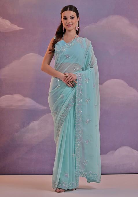 Blue Sequin Embroidered Georgette Saree Set