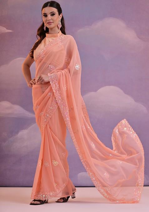 Peach Sequin Embroidered Georgette Saree Set