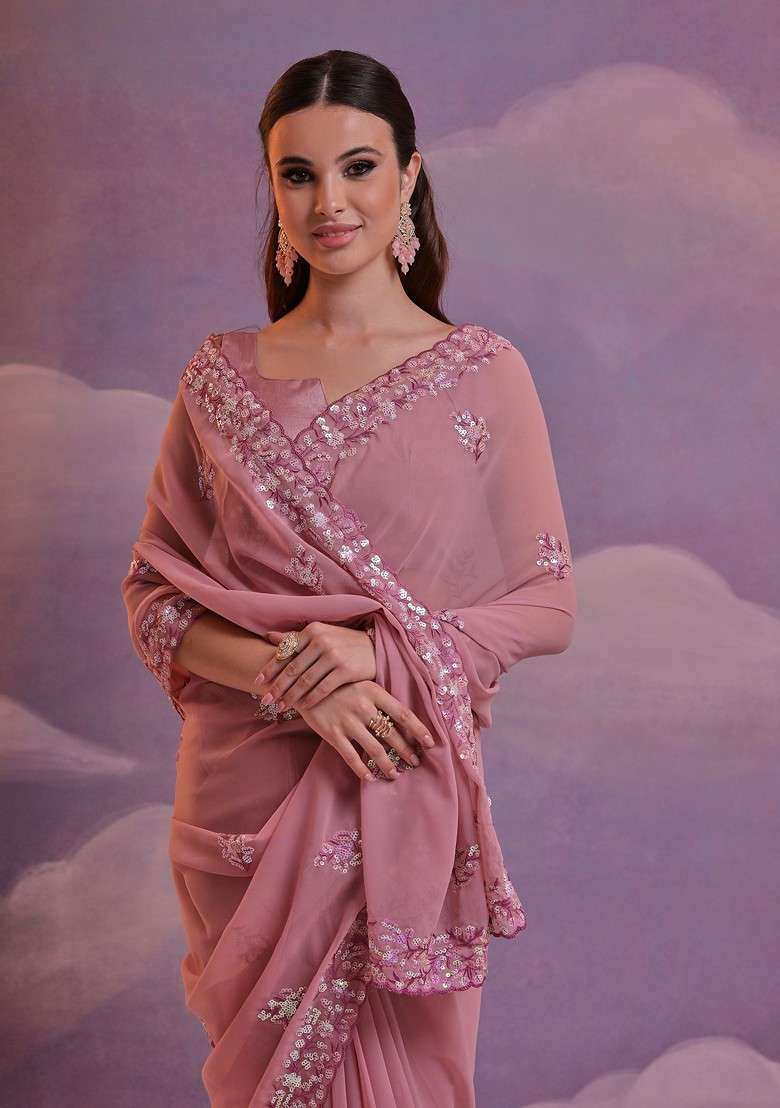 Cyan Georgette Saree Set with Embroidered & Sequin for Diwali | Wedding & Festive Wear - Indya
