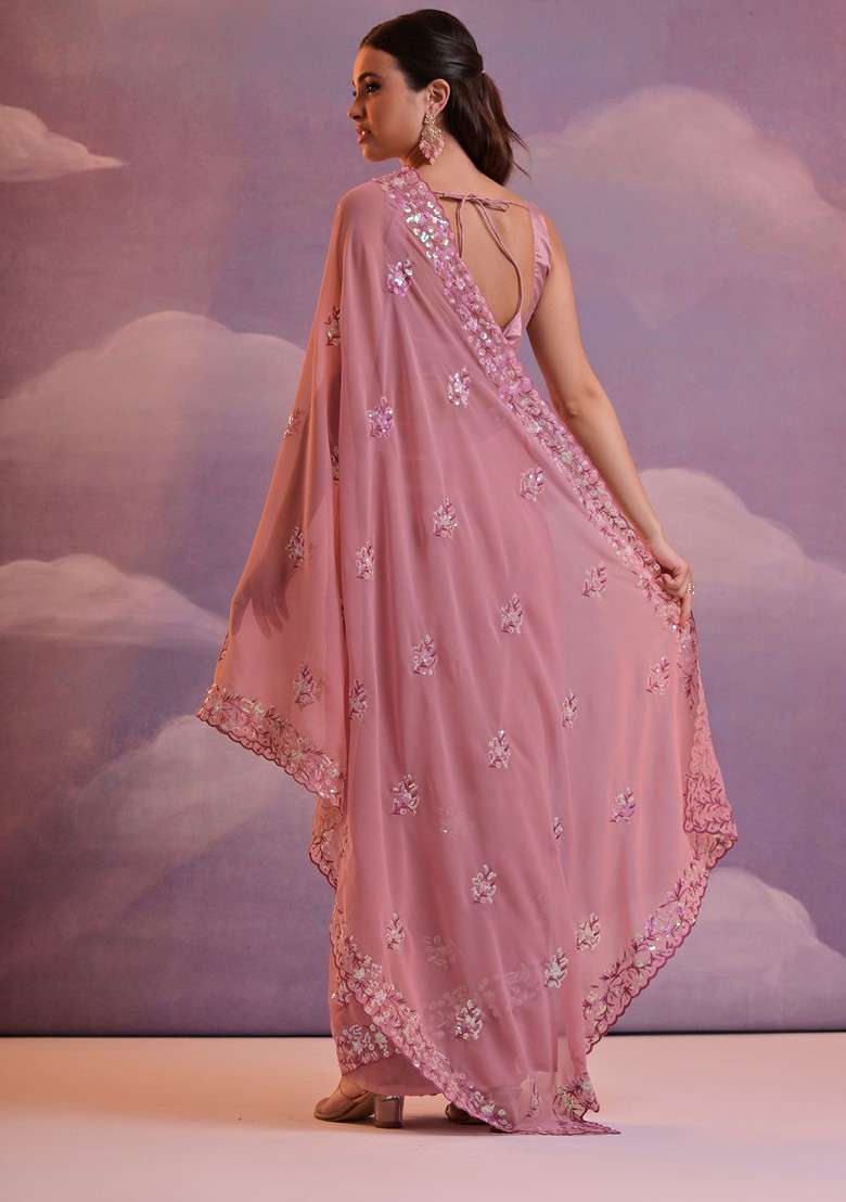 Cyan Georgette Saree Set with Embroidered & Sequin for Diwali | Wedding & Festive Wear - Indya