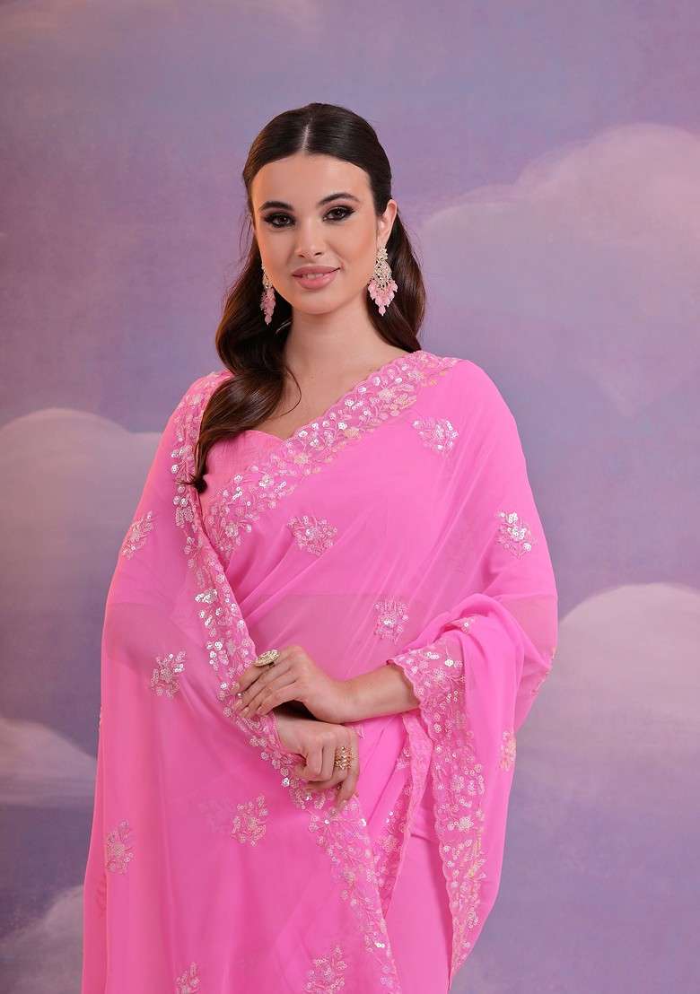 Pink Sequin Embroidered Georgette Saree Set for Diwali and Festive Wear - Indya