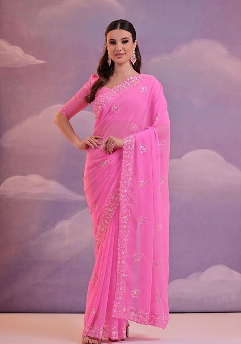 Pink Sequin Embroidered Georgette Saree Set