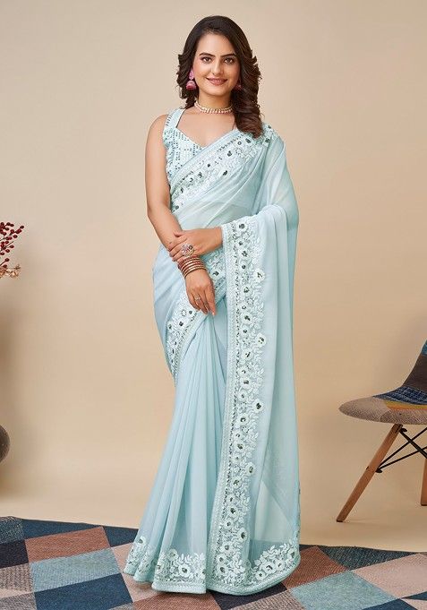 Sky Blue Sequin Embroidered Georgette Saree Set