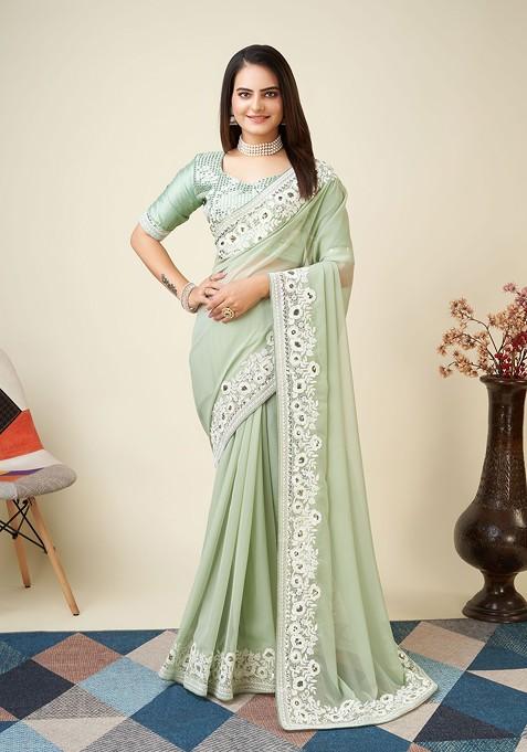 Green Sequin Embroidered Georgette Saree Set