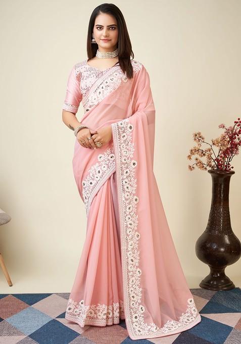 Pink Sequin Embroidered Georgette Saree Set