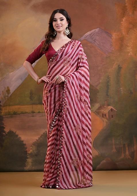 Maroon Mirror Embroidered Georgette Saree Set