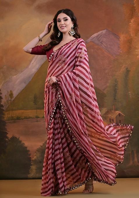 Maroon Mirror Embroidered Georgette Saree Set