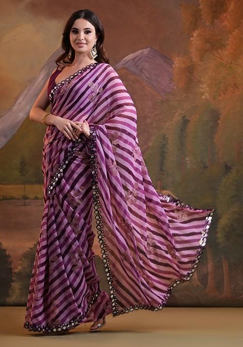 Wine Mirror Embroidered Georgette Saree Set