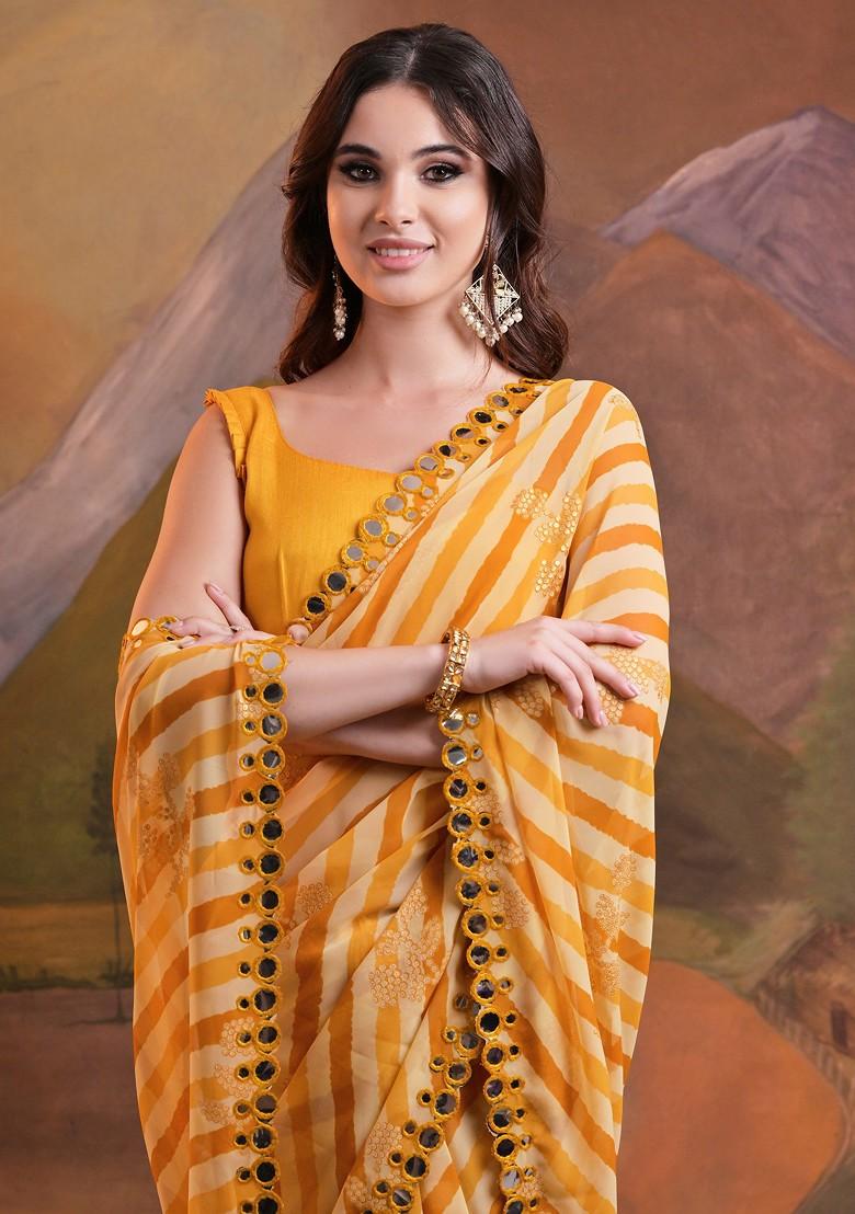 Yellow Mirror Embroidered Georgette Saree Set