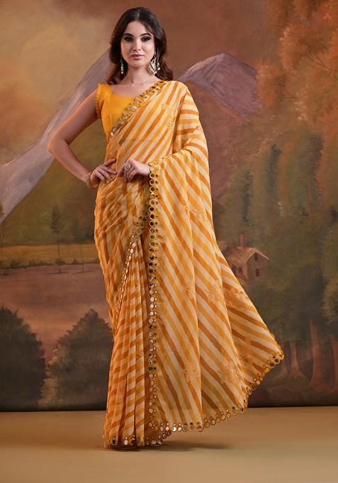 Yellow Mirror Embroidered Georgette Saree Set