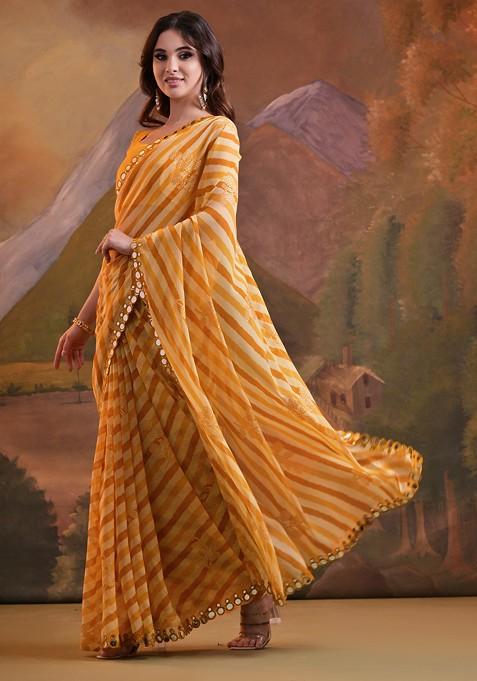Yellow Mirror Embroidered Georgette Saree Set