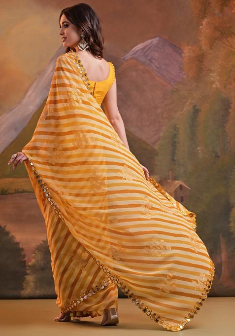 Yellow Mirror Embroidered Georgette Saree Set
