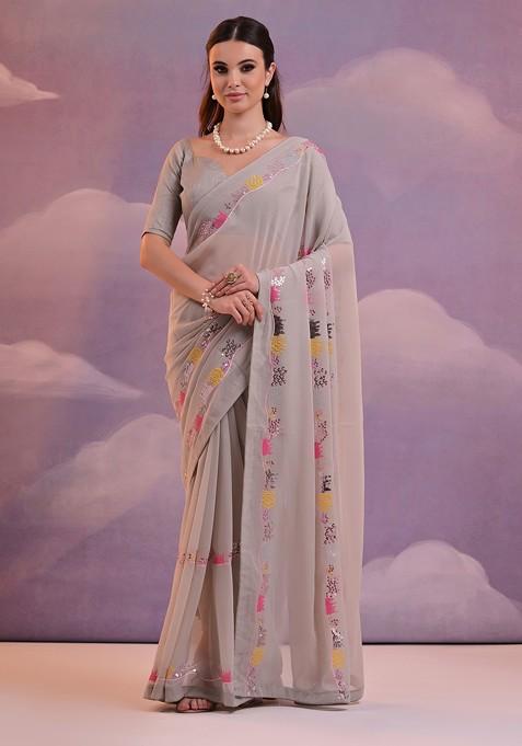 Grey Sequin Embroidered Georgette Saree Set