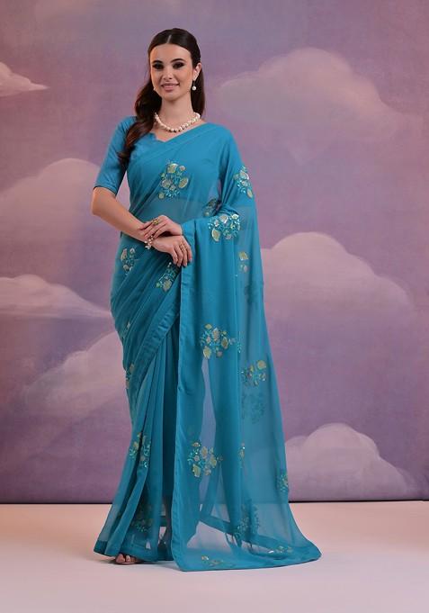 Blue Sequin Embroidered Georgette Saree Set