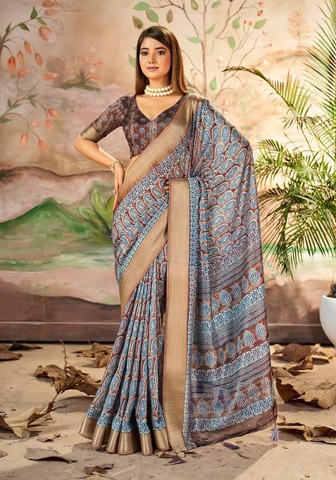 Grey Abstract Print Silk Saree Set