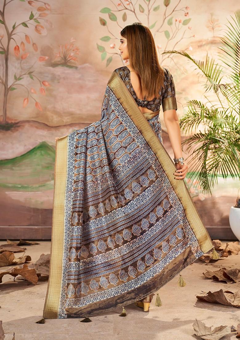 Brown Abstract Print Silk Saree Set - Indya