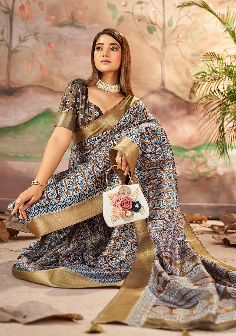 Brown Abstract Print Silk Saree Set