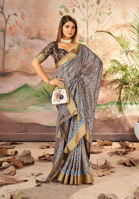 Brown Abstract Print Silk Saree Set