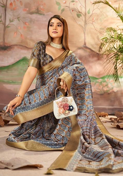 Brown Abstract Print Silk Saree Set