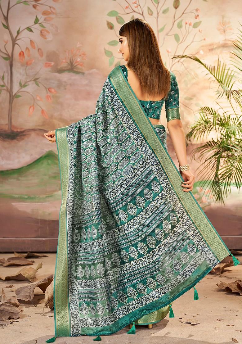 Green Abstract Print Silk Saree Set