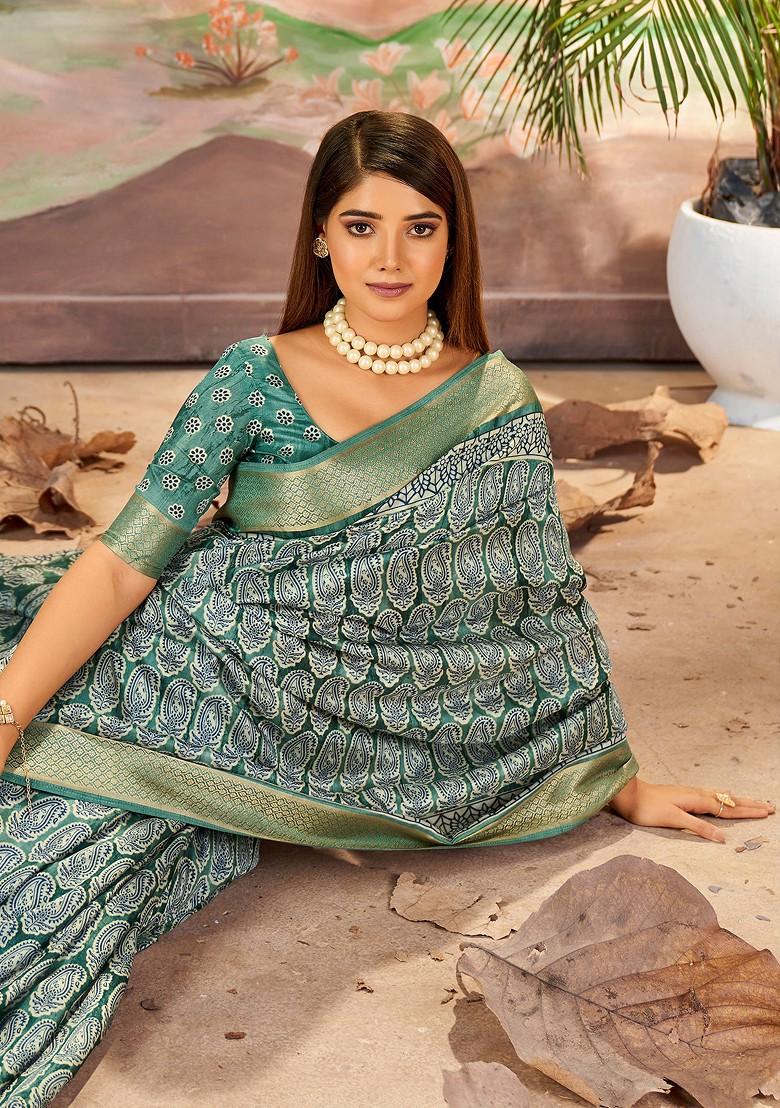 Green Abstract Print Silk Saree Set