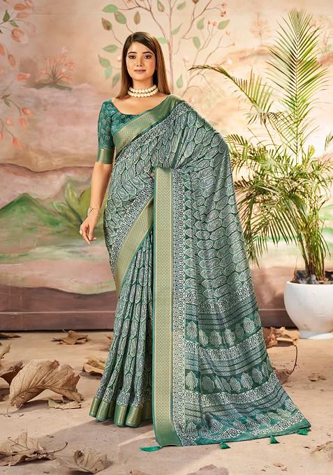 Green Abstract Print Silk Saree Set