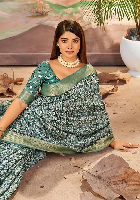 Green Abstract Print Silk Saree Set