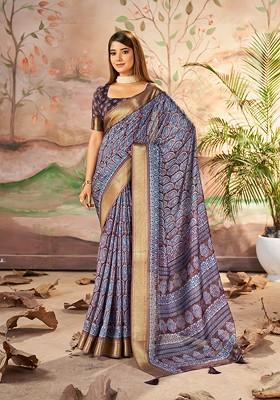 Purple Abstract Print Silk Saree Set