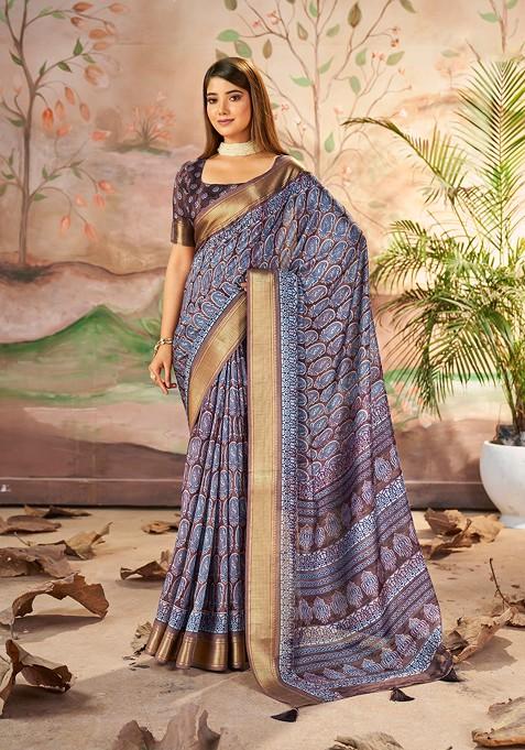Purple Abstract Print Silk Saree Set