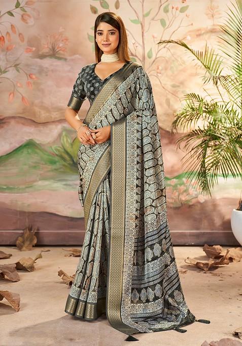 Grey Abstract Print Silk Saree Set