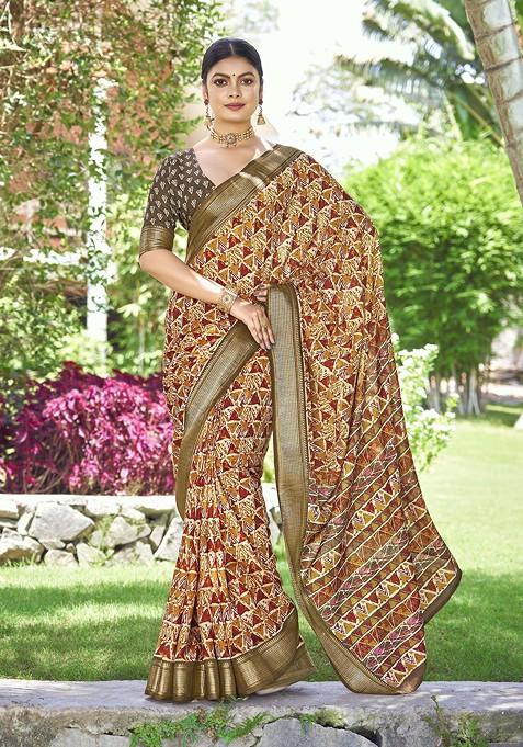 Yellow Abstract Print Silk Saree Set