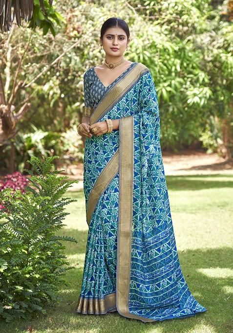 Sea Green Abstract Print Silk Saree Set