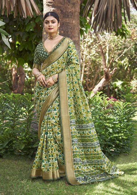 Light Green Abstract Print Silk Saree Set