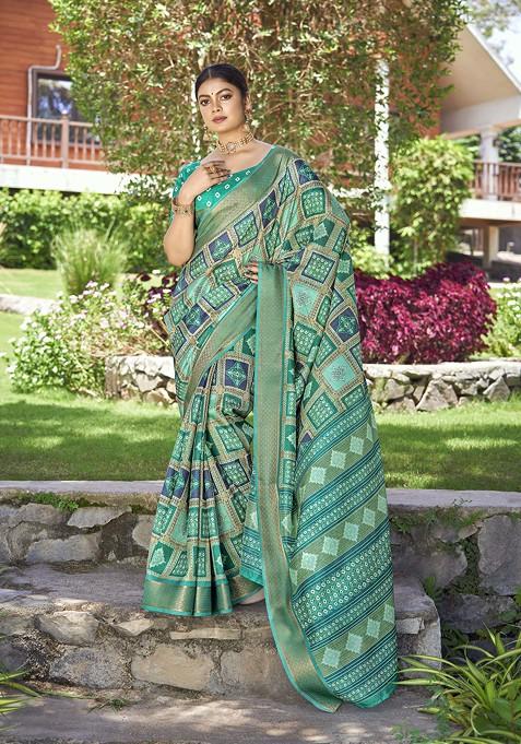 Green Abstract Print Silk Saree Set