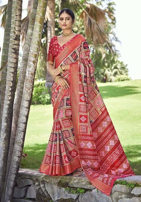 Red Abstract Print Silk Saree Set