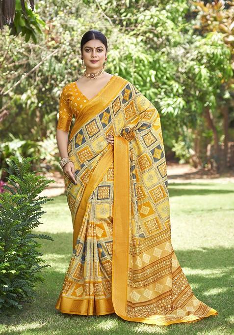 Yellow Abstract Print Silk Saree Set