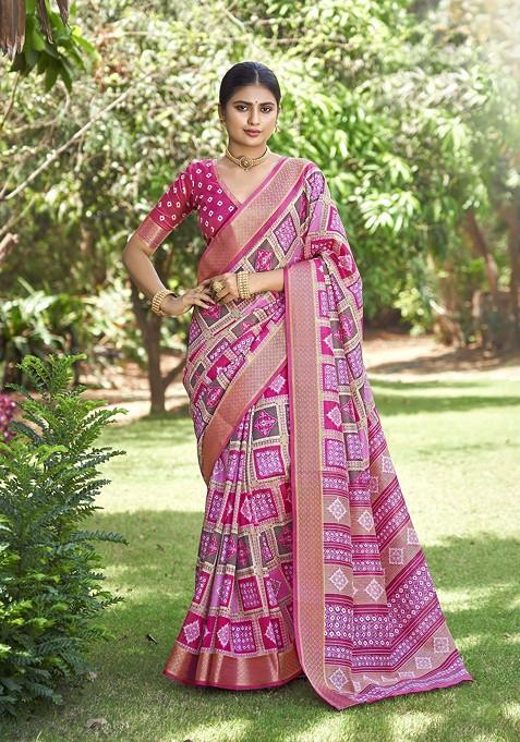 Pink Abstract Print Silk Saree Set