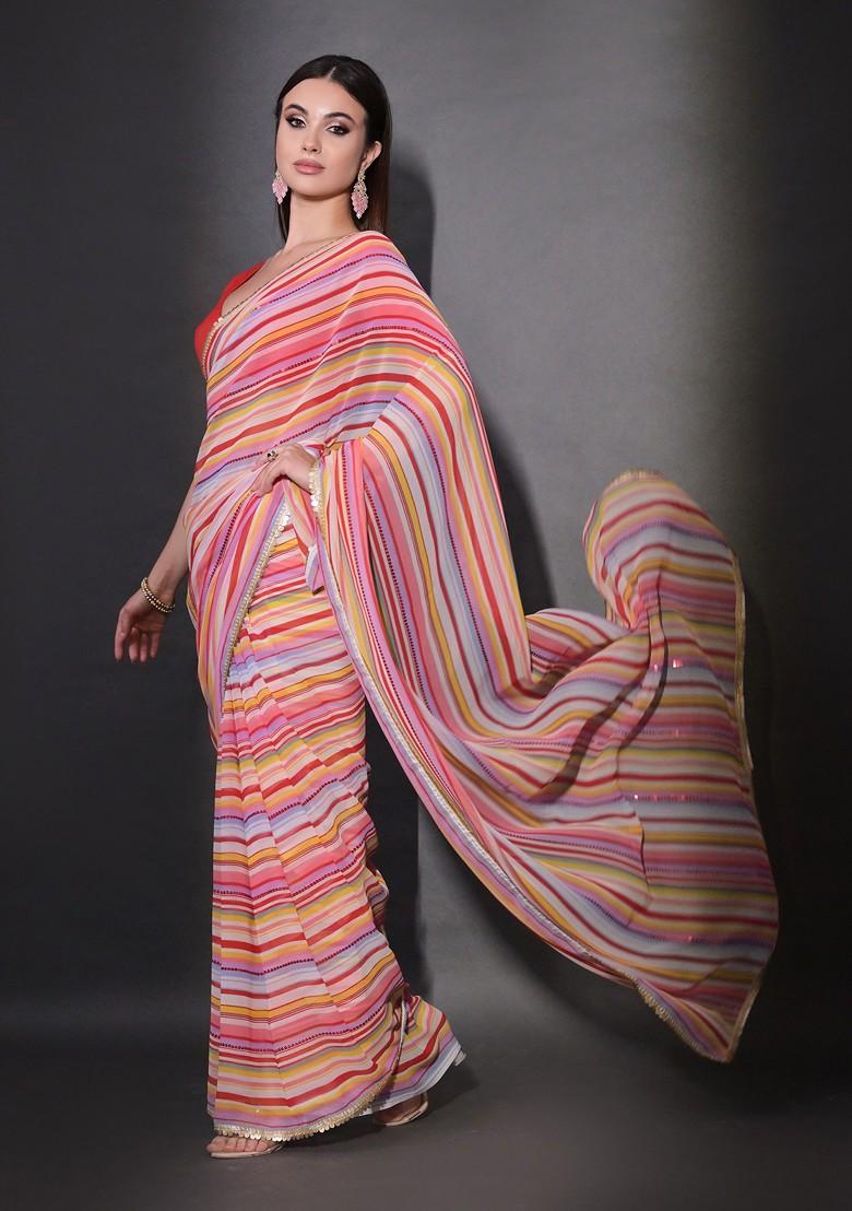 Multicolour Sequin Embroidered Georgette Saree Set - Indya