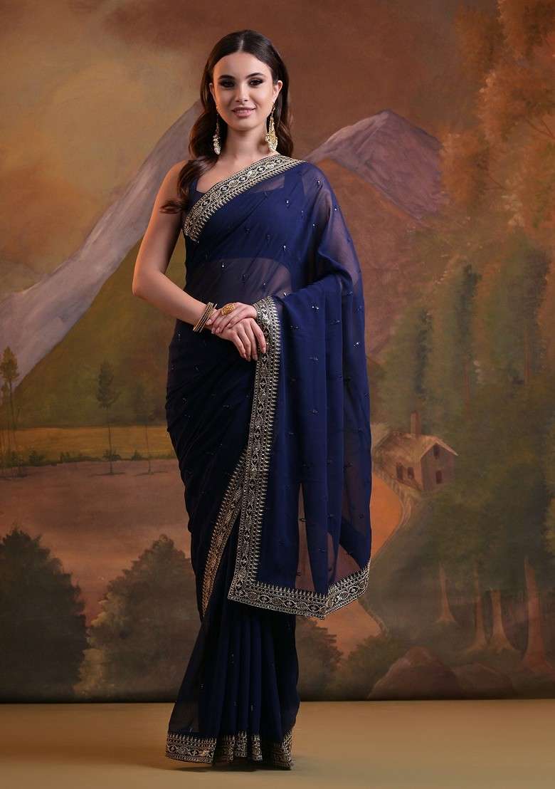 Blue Sequin Embroidered Georgette Saree Set for Diwali and Festive Wear - Indya