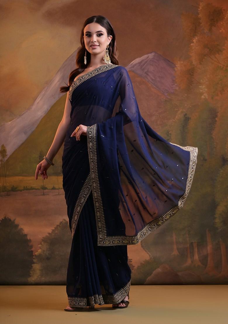 Blue Sequin Embroidered Georgette Saree Set - Indya