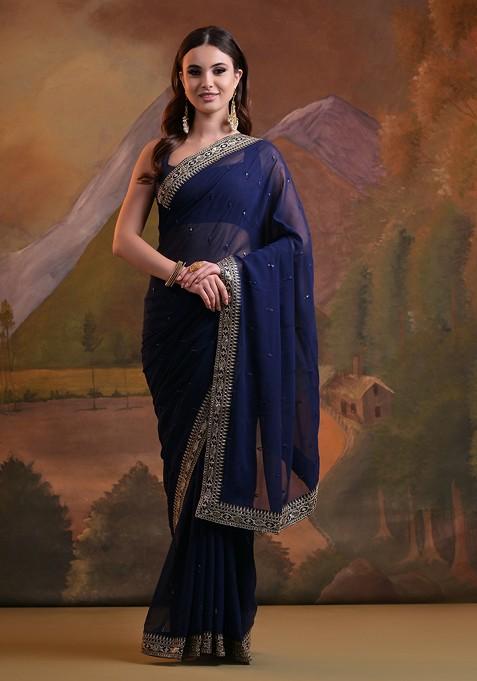 Blue Sequin Embroidered Georgette Saree Set