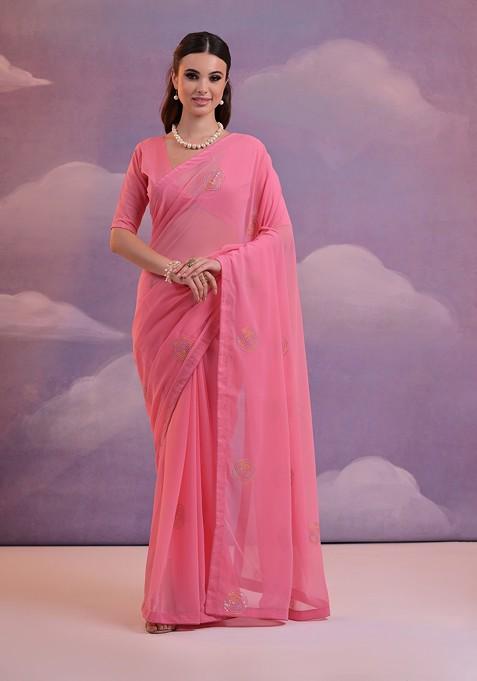 Pink Sequin Embroidered Georgette Saree Set